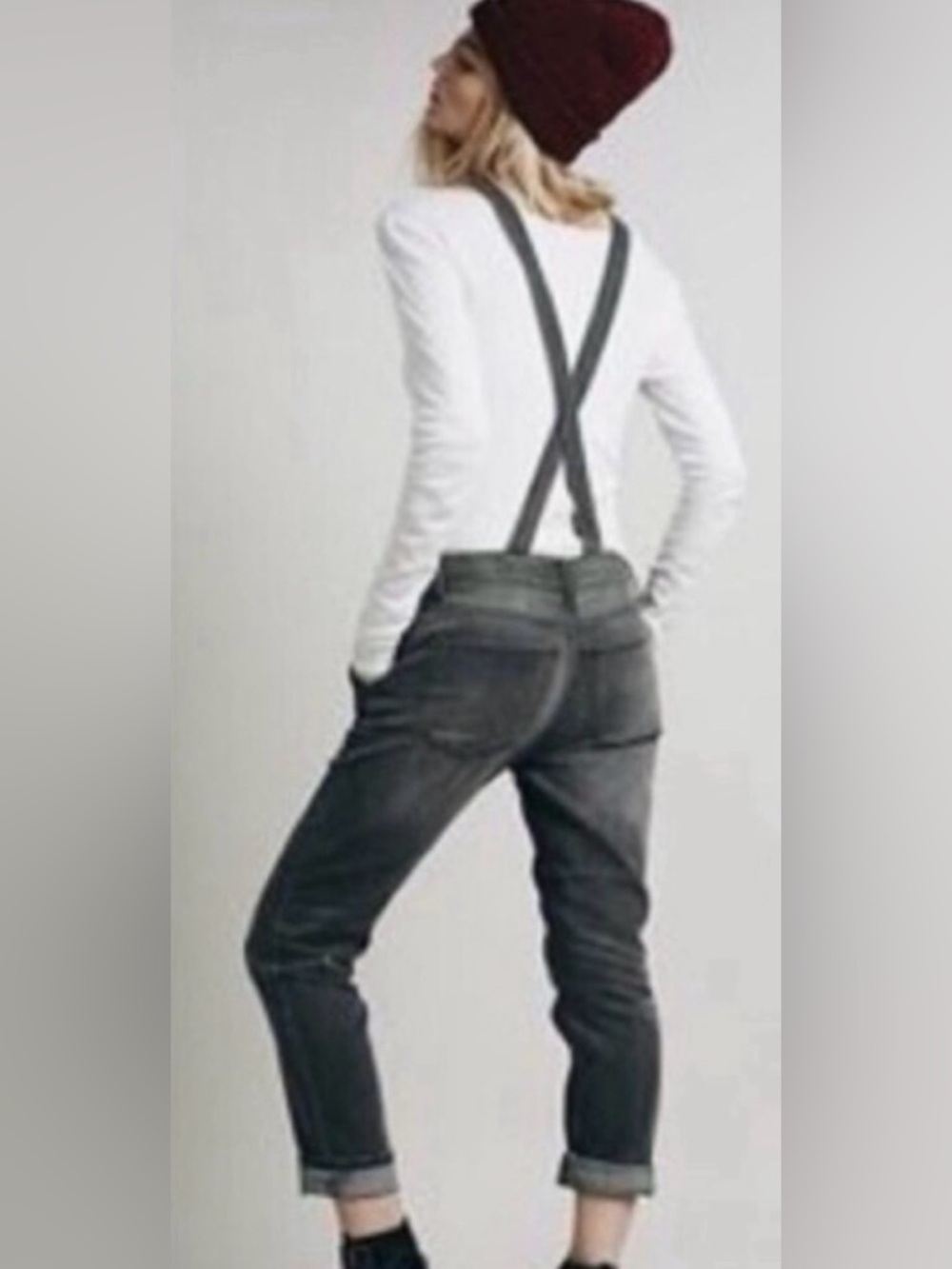 Free People Grey Overalls Skinny Leg Cropped Rolled Hem 28 Casual Festival - Picture 2 of 11